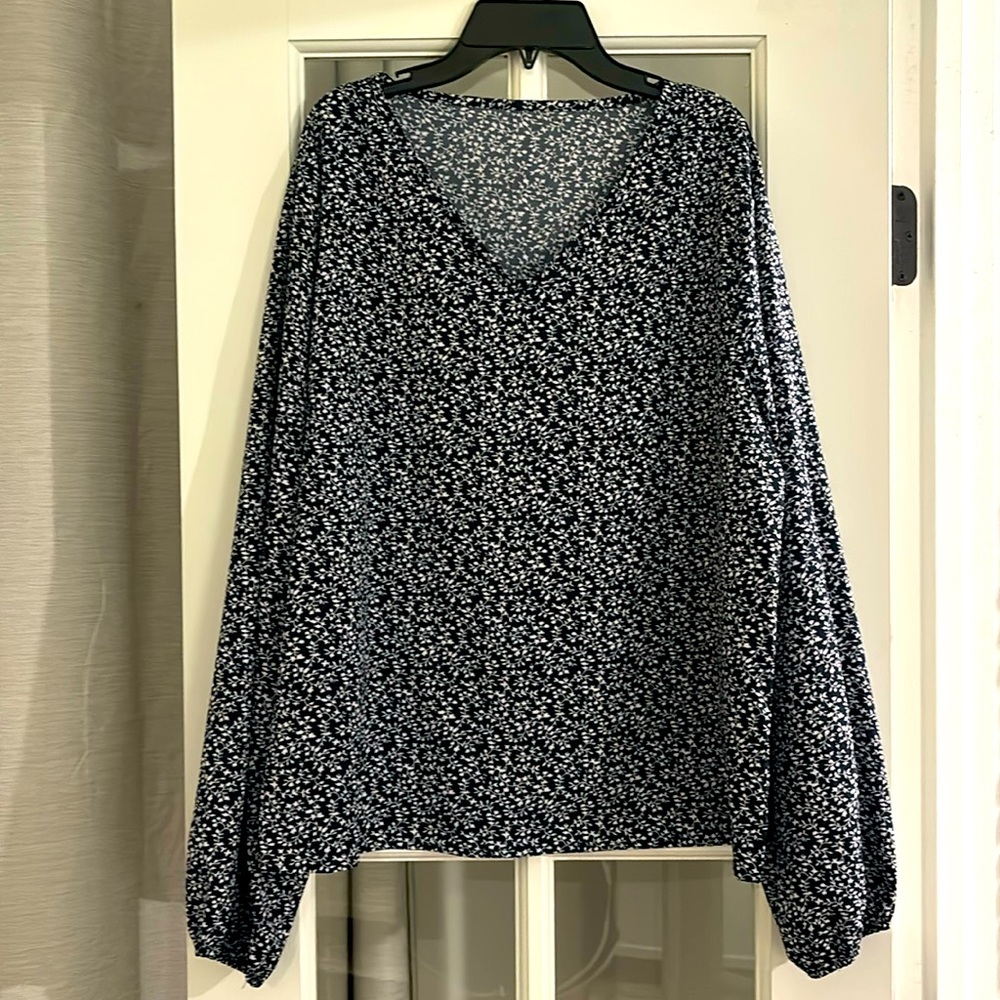 Navy and White Floral Dressy Blouse. Large
